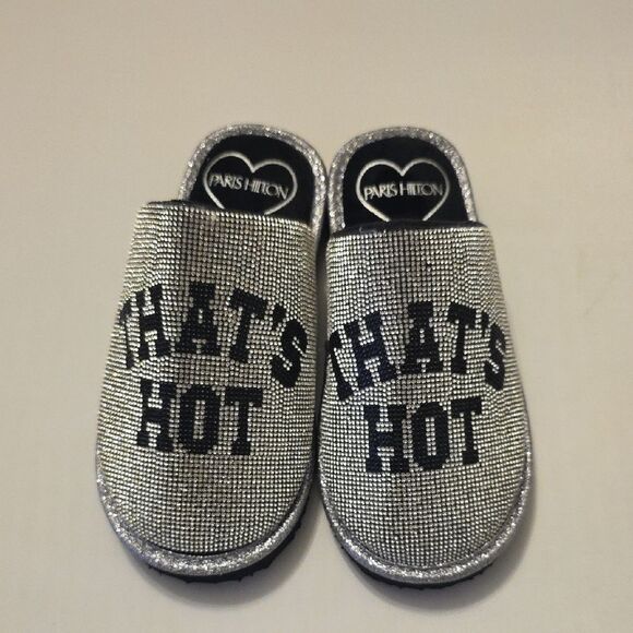 BRAND NEW PARIS HILTON SLIVING  GLITTER RHINESTONE SLIPPERS  THAT's HOT WRITING - Picture 1 of 16